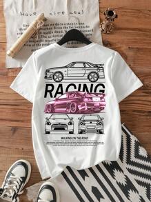 Attitoon Casual Car Graphic Print Loose Fit Round Neck Short Sleeve Women T-Shirt,Slightly Sheer Suitable For Summer - White - View 1