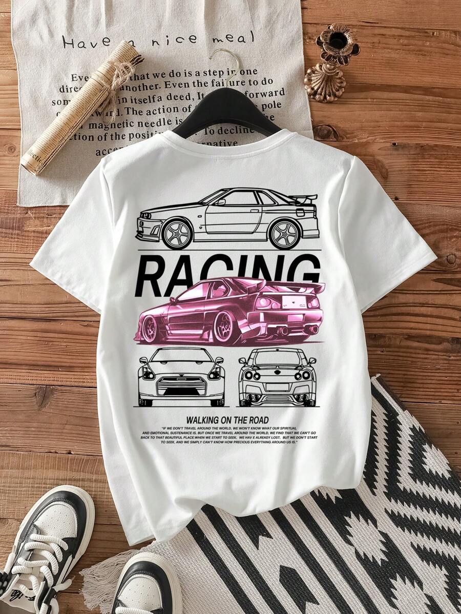 Attitoon Casual Car Graphic Print Loose Fit Round Neck Short Sleeve Women T-Shirt,Slightly Sheer Suitable For Summer - White - View 1