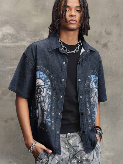 Camicia a maniche corte in denim con stampa, stile casual da uomo