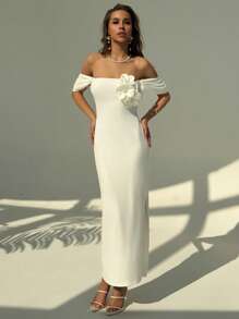 Aloruh White Off Shoulder Bodycon Dress With 3D Flower Detail For Women, Suitable For Evening Date - White - View 5