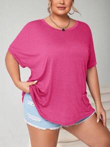 SHEIN CURVE+ Plus Size Crew Neck Colorful Floral Print Bat Wing Sleeve Pocket Patch T-Shirt - Hot Pink - View 5