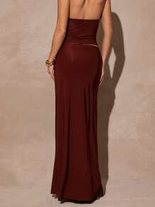 Silquee Women's Elegant Solid Color Low Waist Ultra Long Skirt, Summer - Brown - View 4