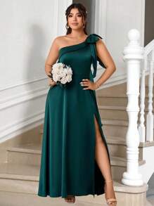 SHEIN PETITE CURVE 加大码不对称领口无袖蝴蝶结纯色缎面 A 字开叉中长款鸡尾酒会连衣裙 - 墨綠色 - 查看 4