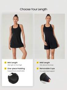 GLOWMODE FeatherFit™-Air Ir à Distância Vestido Ativo com Mangas Curtas, Absorvente de Suor, Secagem Rápida, Copas Embutidas, Alças Cruzadas, Decote Redondo, Shorts Embutidos, Bolsos Laterais, Agarre Anti-Deslizante, Uso Diário, Tênis, Golfe, Pickleball, Baixo Impacto - Preto - Visão 4
