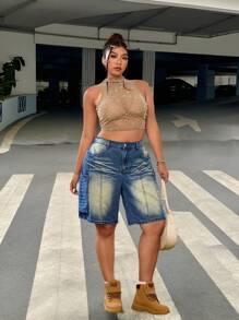 SHEIN ICON Y2K Streetstyle Washed Vintage Plus Size Bermuda Denim Shorts, Rave Outfits Festival - Medium Wash - View 6