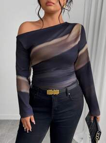 EMERY ROSE Plus Size Women Tie-Dye Print Asymmetric Neck Ruched Long Sleeve T-Shirt, Spring Fall Cloth For Women - Multicolor - View 4