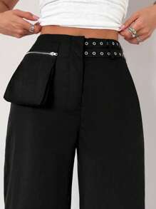 Roylia Women's Black Fashion Casual Metal Buckle Waist Utility Pants Fall Cloth For Women - Black - View 3