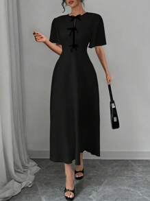 Rafferiza Elegant Color-Block Bow Decor Round Neck Waist Cinched Short Sleeve Solid Color Dress, Women Spring/Fall Long Dress - Black - View 5