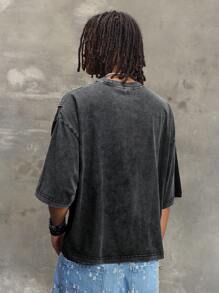 ROMWE MEN Grunge Punk Men's Rivet Washed Letter Print Loose Short T-Shirt