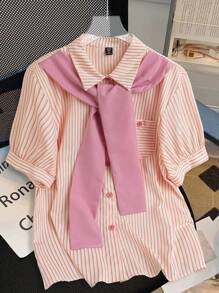 Flirla 大码女式拼色条纹夏季短袖衬衫