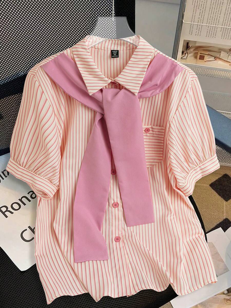 Flirla 大码女式拼色条纹夏季短袖衬衫