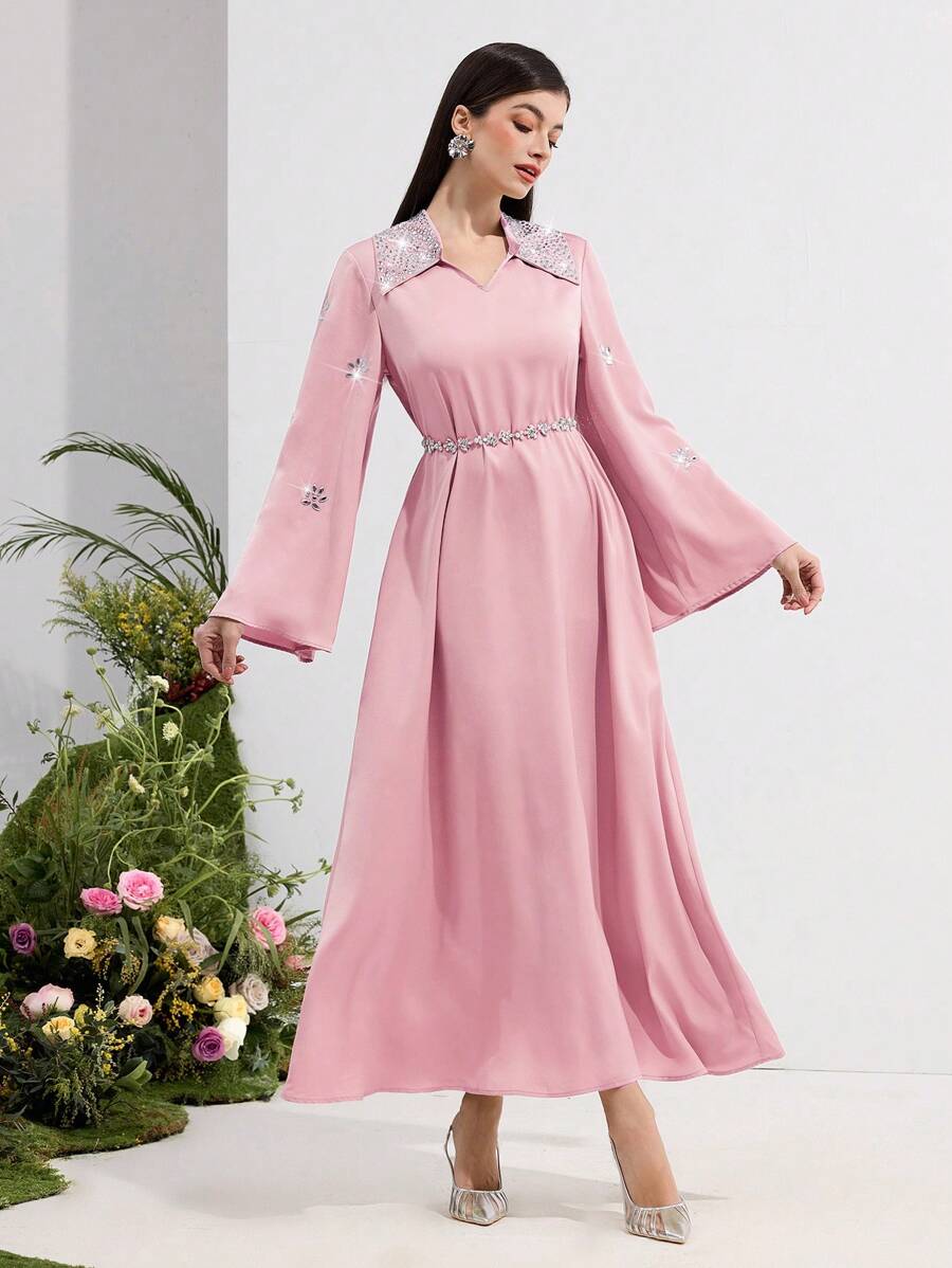 Al Najma 女士优雅水晶装饰喇叭袖阿拉伯风格连衣裙 - 粉色 - 查看 1