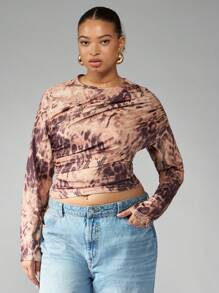 MISSGUIDED PLUS Plus Size Snake Print Ruched Long Sleeve Top Asymmetric Design Autumn Winter Party Club Fashion Animal Print Fitted Gathering Detail - Multicolor - View 1