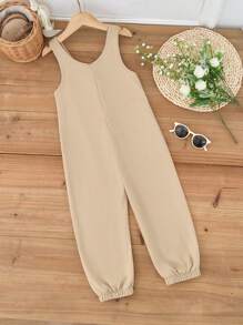 Young Girl' Khaki Solid Color Casual Sleeveless Romper, Fashion Resort Style (3-Piece Family Matching Outfits Sold Separately)