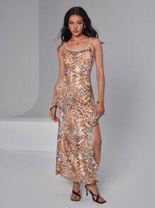 Roylia Women Leopard Print Spaghetti Strap Ruffle Hem High Split Dress - Multicolor - View 3