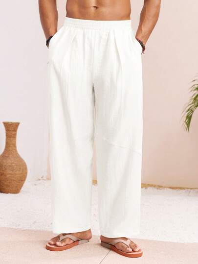 Manfinity VCAY Men's Woven Casual Loose Fit Solid Color Elastic Waist Straight Leg Pants