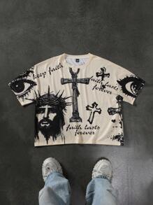 Manfinity EMRG Camiseta de Manga Curta Casual Masculina de Estampa Completa - Damasco - Visão 7