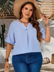 EMERY ROSE Plus Size Women Casual Striped Batwing Sleeve Shirt,Summer For Women,Rave,Easter Curve,Country Concert - Blue and White - View 6