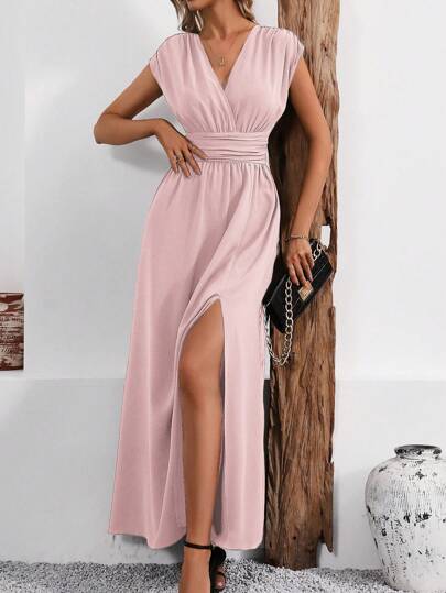 SHEIN Clasi Women's V-Neck Ruched Waist Split Elegant Fashion Dress Maxi Women Outfit
