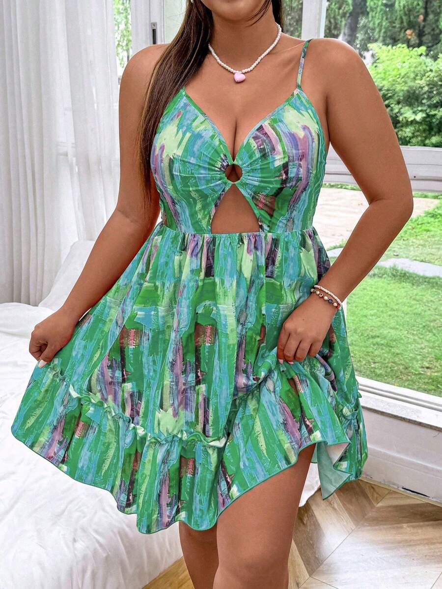 SHEIN Clasi 大码女式全身印花镂空腰部性感吊带连衣裙 - 彩色 - 查看 1