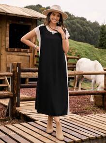 LanaWest Vestido casual de media/larga longitud con bloque de color en forma de H, para uso diario y de vacaciones en el campo