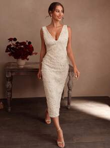 Anewsta Savoree 优雅珍珠串珠刺绣紧身连衣裙，适合夏季、海滩、节日、假日、性感派对服装 - 杏色 - 查看 5