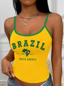 INAWLY 3 Piezas Top tipo camiseta de tirantes de verano con gráfico de bandera de Brasil, Italia y España, en bloques de color con adorno de contraste, estilo Y2K