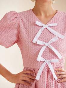 Aveloria Rosie Women's Mini Dress Solid Color Short Sleeve With Bow Decor   For Summer - Multicolor - View 5