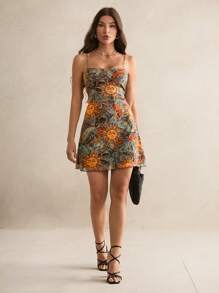 SHEIN Tall 女士时尚细肩带网眼太阳面印花连衣裙 - 彩色 - 查看 4