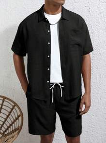 Manfinity Homme Conjunto de 2 peças para homens, camisa de manga curta com bolso frontal e Shorts cargo na cor café
