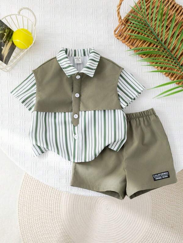2pcs/Set Baby Boy Casual Korea Style Versatile Summer Stripe Short Sleeve Shirt And Elastic Waist Shorts Set