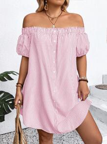 SHEIN LUNE Plus Size Women Off Shoulder Striped Button Design Loose Vacation Dress - Pink - View 1