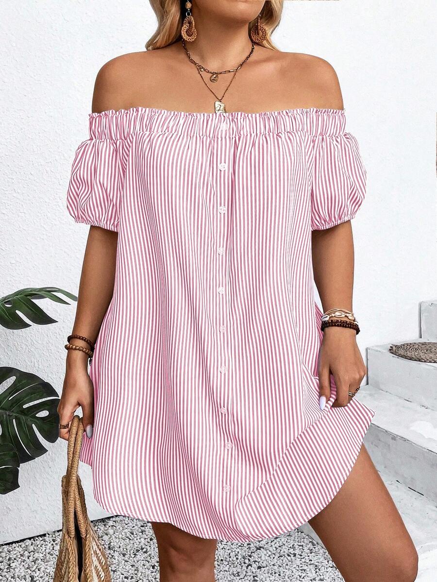 SHEIN LUNE Plus Size Women Off Shoulder Striped Button Design Loose Vacation Dress - Pink - View 1