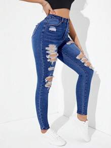 High Waist Ripped Skinny Jeans Ripped Jeans - Medium Wash - View 6