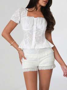 Roylia 方领撞色荷叶边纹理面料女式泡泡袖衬衫 - 白色 - 查看 6