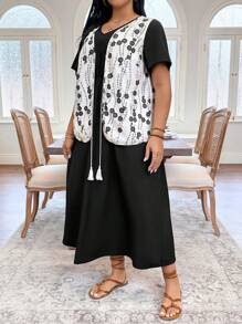 EMERY ROSE Conjunto de 2 piezas de talla grande para mujer de estilo de verano, conjunto de ropa de descanso de estilo chino casual adecuado para fiestas, salidas, calle, Día de San Patricio, Pascua, Día de San Valentín, Acción de Gracias, cómodo, corte holgado - Negro - Ver 5