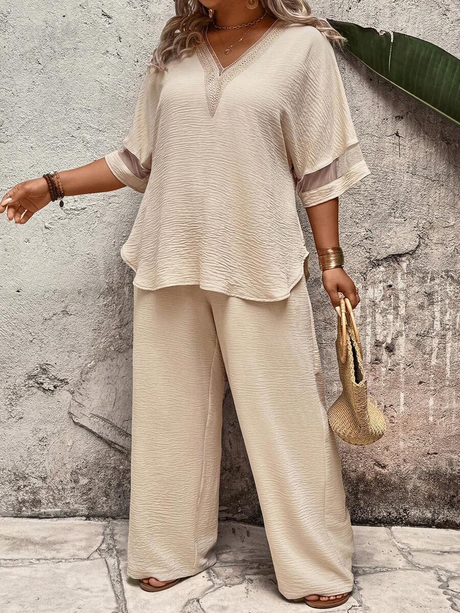 EMERY ROSE Conjunto de dos piezas de top con mangas de malla de encaje guipur y pantalones de unicolor para mujer de EMERY ROSE para el verano