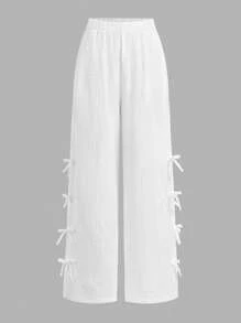 Tween Girls' Casual Woven Textured Double-Sided Ruched Waist Wide Leg Pants, Spring/Summer - White - View 2