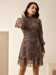 Anewsta 浪漫假日黑白荷叶边下摆宽松女式连衣裙，适合春季、夏季、节日、情人节、优雅、派对、复活节 - 棕色 - 查看 3