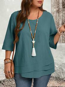 EMERY ROSE Plus Size Asymmetric Hem Blue Green Country Shirts Fall Clothes - Baby Blue - View 1