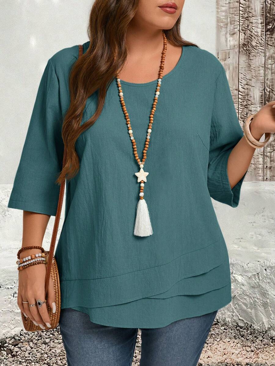 EMERY ROSE Plus Size Asymmetric Hem Blue Green Country Shirts Fall Clothes - Baby Blue - View 1