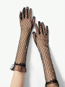 SHEIN SXY 蕾丝水钻短款手套，网眼白色蕾丝边，万圣节服装，新娘婚纱分指手套 - 黑色 - 查看 1