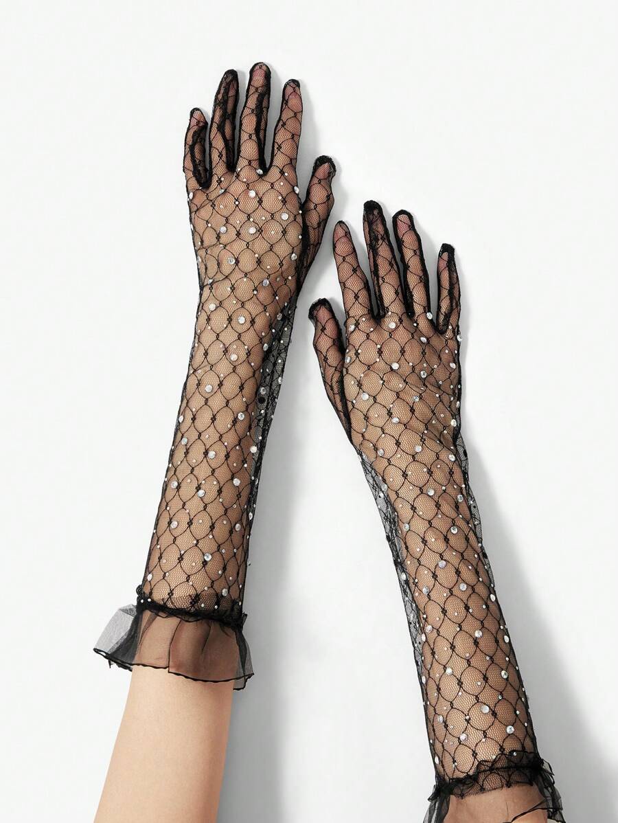 SHEIN SXY 蕾丝水钻短款手套，网眼白色蕾丝边，万圣节服装，新娘婚纱分指手套 - 黑色 - 查看 1