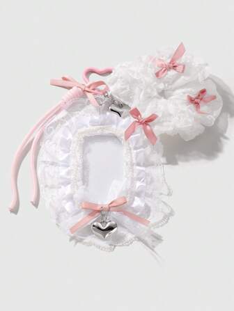 Kawaii 1 Stück einfacher koreanischer Stil hochwertiger vielseitiger weißer Spitzenschleife, herzförmig, mit Perlenrand, Kartenhalter, Schlüsselanhänger, Taschenbehang, geeignet für Büromitarbeiter, Studenten, Alltagskleidung, Urlaubsgeschenk