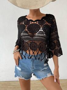 Swim Vcay Solid Color Sheer Fringe Hem Casual Pullover Hoodie Top