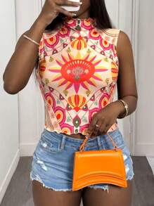 Slaydiva 2025 Summer New Music Festival, Easter, Birthday Party, Graduation, Student, Daily, Casual, Vacation, Cruise, Beach, Sunbathing Women Sleeveless Printed Crop Top - Multicolor - View 2
