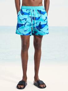 Surfspeed Men's Shark Print Drawstring Waist Beach Shorts - Baby Blue - View 5