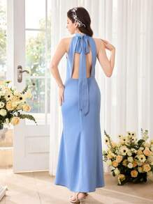 SHEIN Girlism Teenager Mädchen blaues Kleid mit Stehkragen, Meerjungfrauenrücken-Bindung, super eleganter Rücken mit großer Schleife, geeignet als Brautjungfernkleid/Kleid für Hochzeitsgäste, passend für festliche Anlässe, Veranstaltungen, Hochzeiten