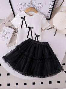 SHEIN 2pcs/Set Young Girl Cute White Vertical Striped Crew Neck Bowknot Decor Short Sleeve Top & Black Mesh Skirt, Preppy Style, Spring/Summer