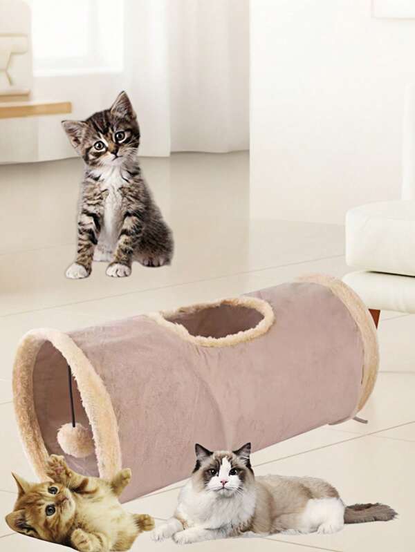 1pc Plush Cat Tunnel Toy, Collapsible Cat Toy For Indoor , Cat Tunnel Tube With Hanging Ball Toy ,Suitable For Kittens To Play With